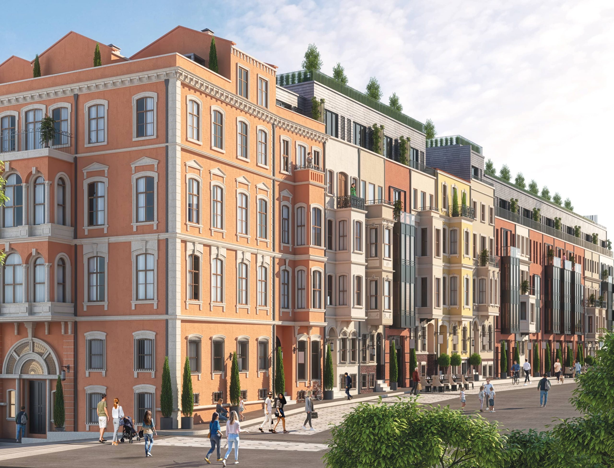 Architectural rendering of Taksim 360 in Beyoğlu, Istanbul, showing colourful façades and a pedestrian streetscape.