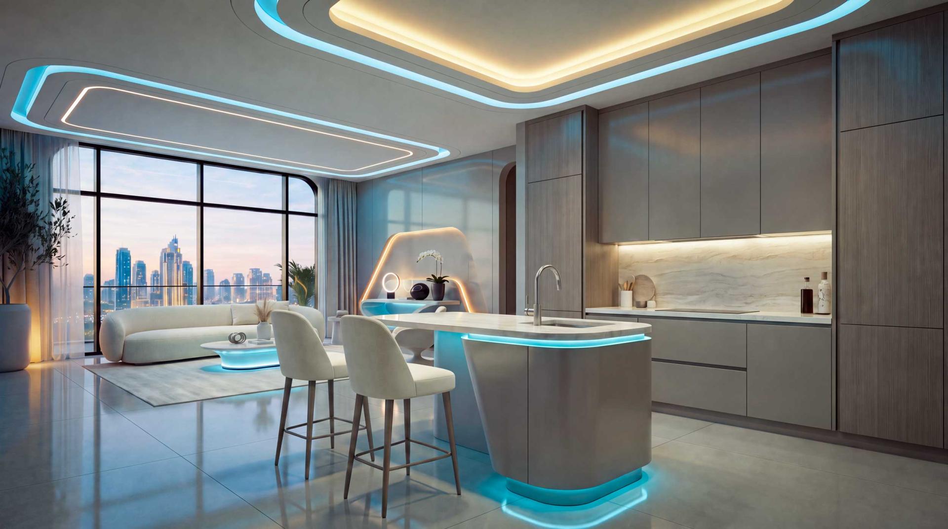 Interior rendering of a SAMANA Downtown One apartment with an open kitchen, island counter and adjoining living area.