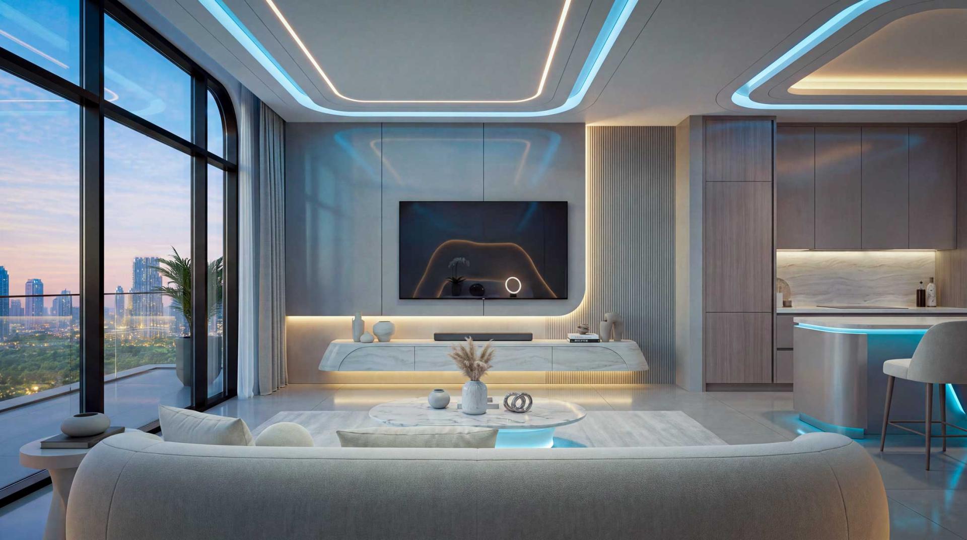 Interior rendering of a SAMANA Downtown One living room with a media wall, full-height windows and an adjoining kitchen.