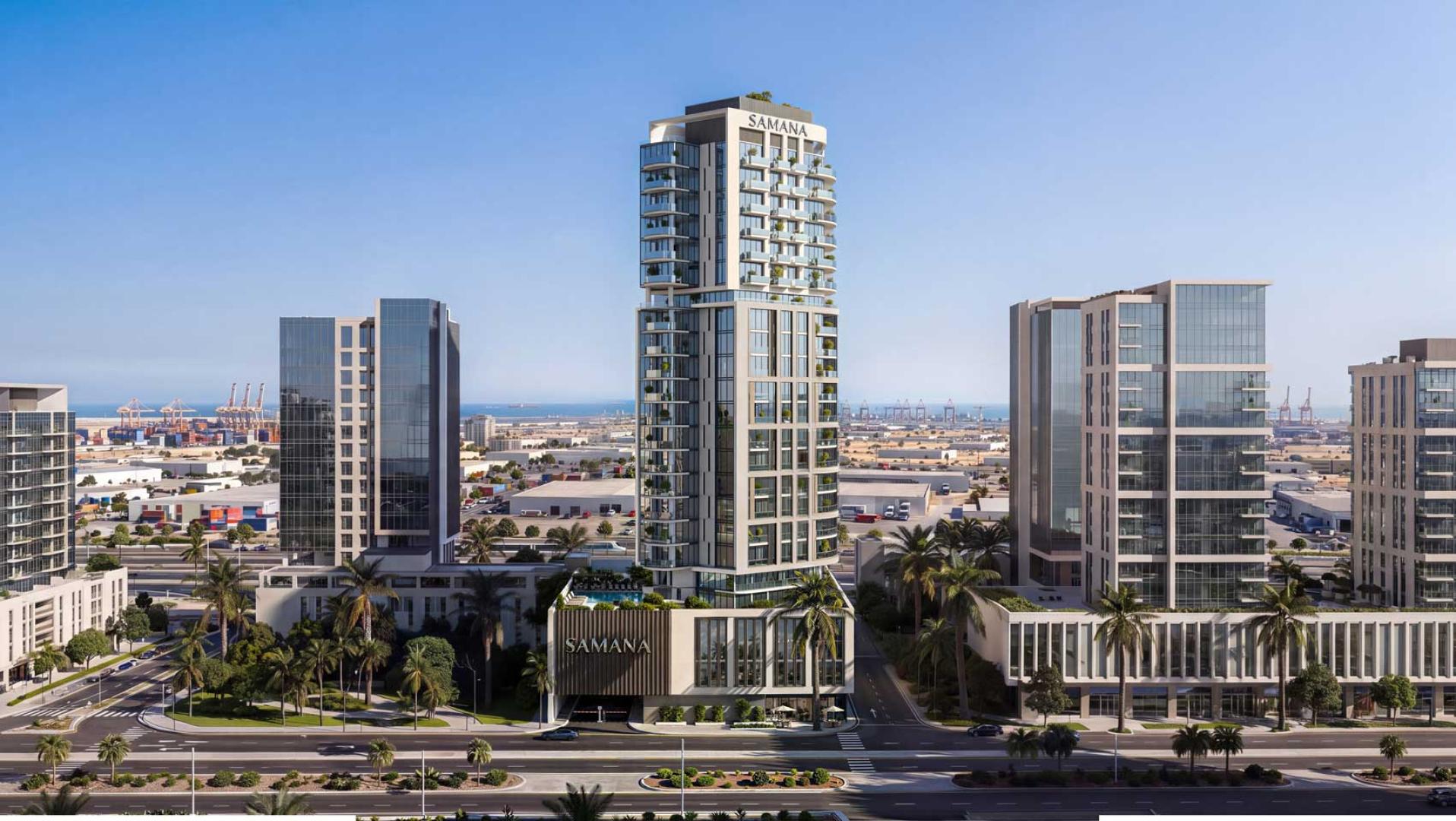 Daytime exterior rendering of SAMANA Downtown One in Downtown Jebel Ali, Dubai.