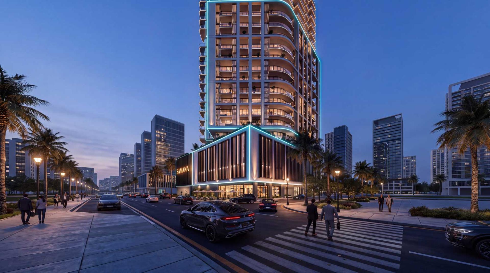 Street-level rendering of SAMANA Downtown One at dusk, showing the illuminated podium façade and surrounding buildings.