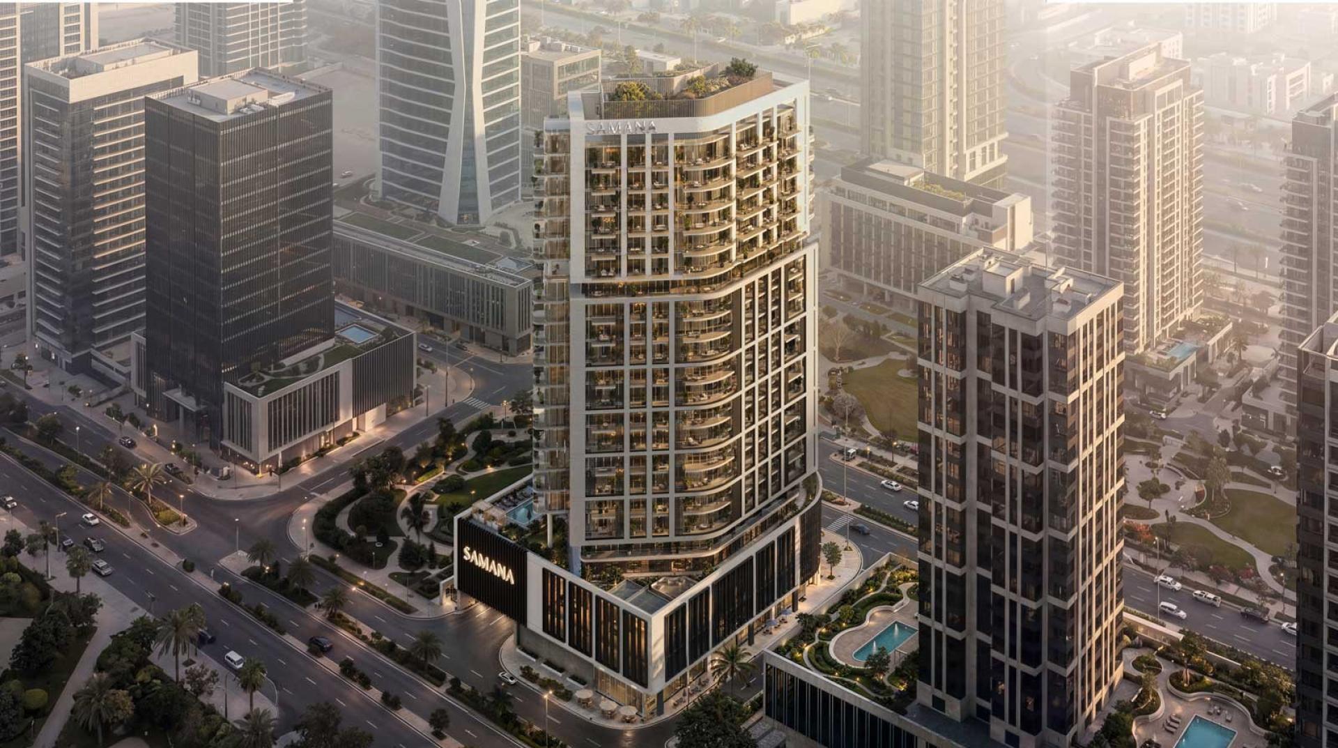 Elevated exterior rendering of SAMANA Downtown One, showing the tower, podium and surrounding roads.